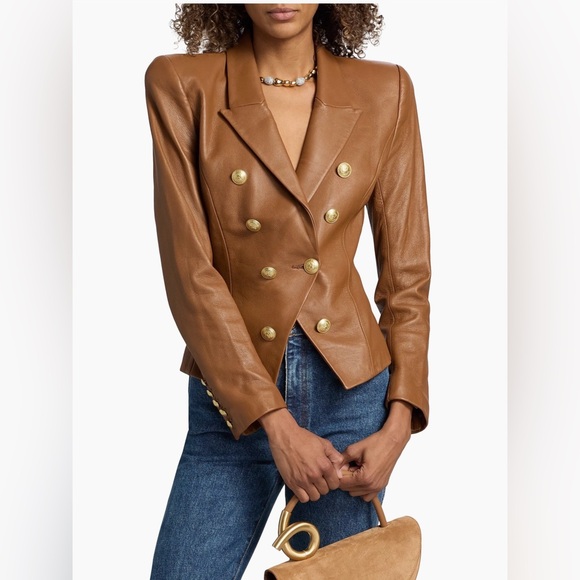 L'AGENCE Double-Breasted Tan Leather Blazer with Gold Buttons